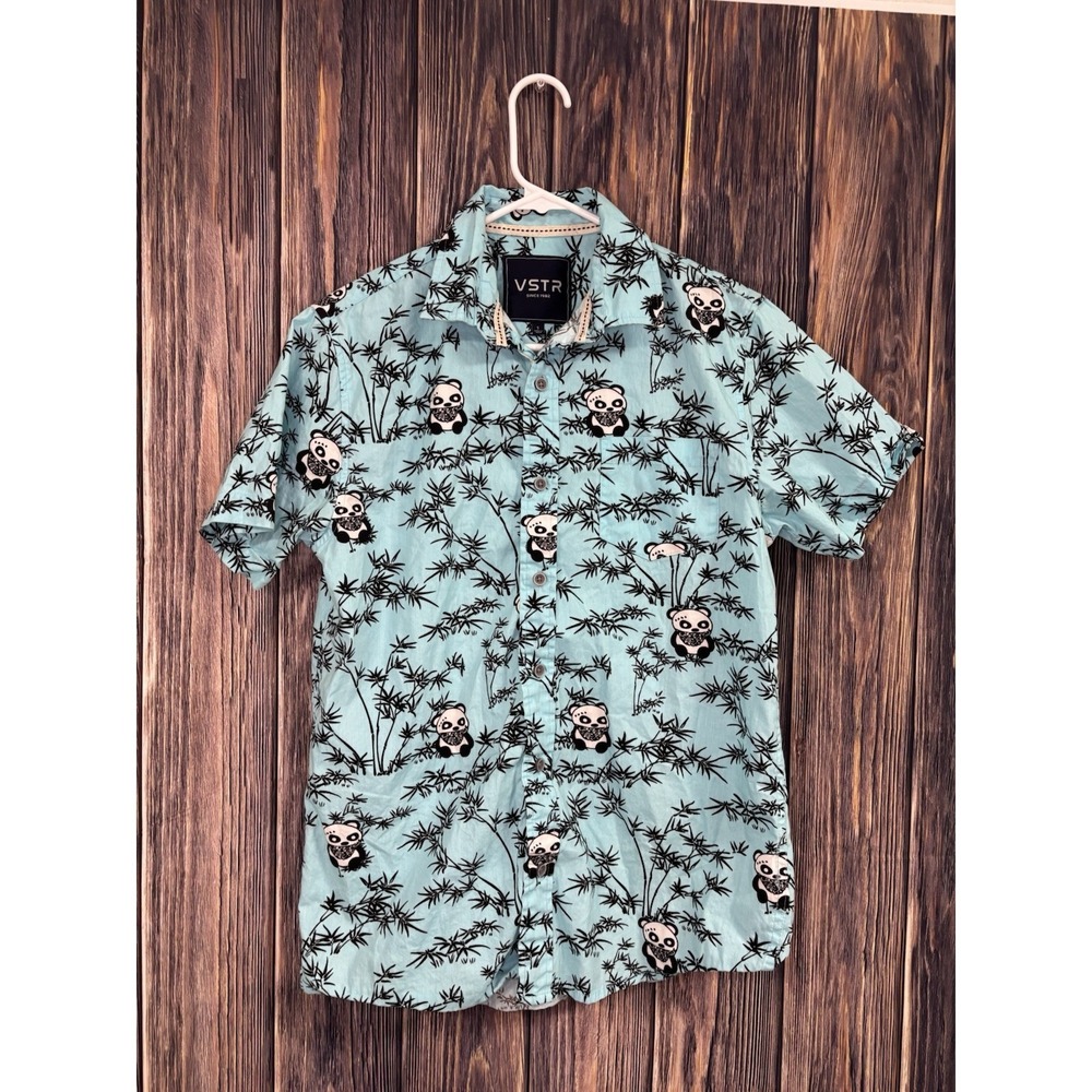 VSTR Shirt Mens Small Aqua Panda All Over Print Japanese Anime Button Up Casual